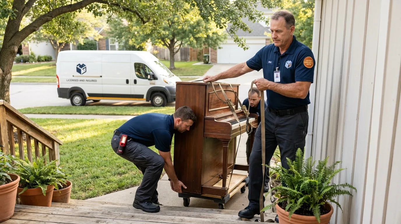 Licensed piano movers securing grand piano in Aurora, MO