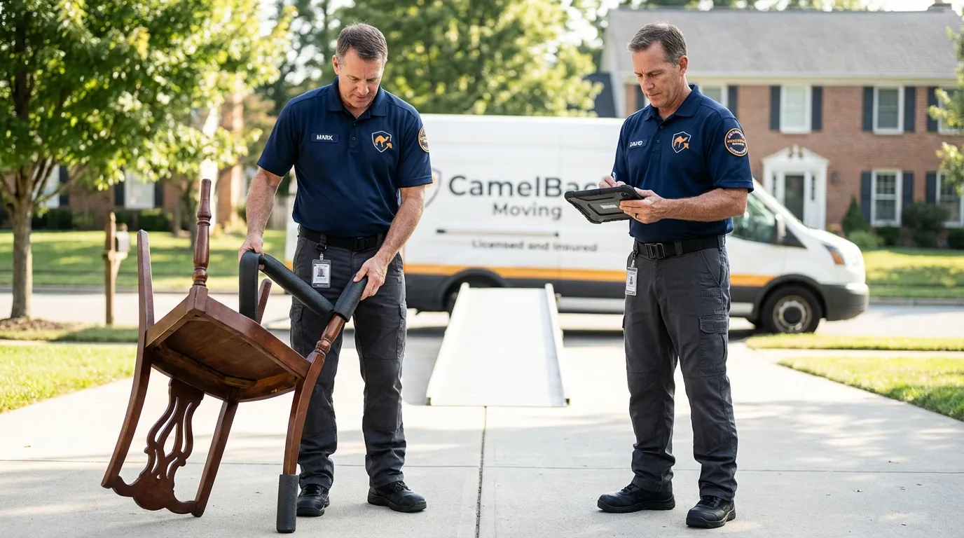 Movers inspecting furniture for damage prevention before loading in Aurora, MO