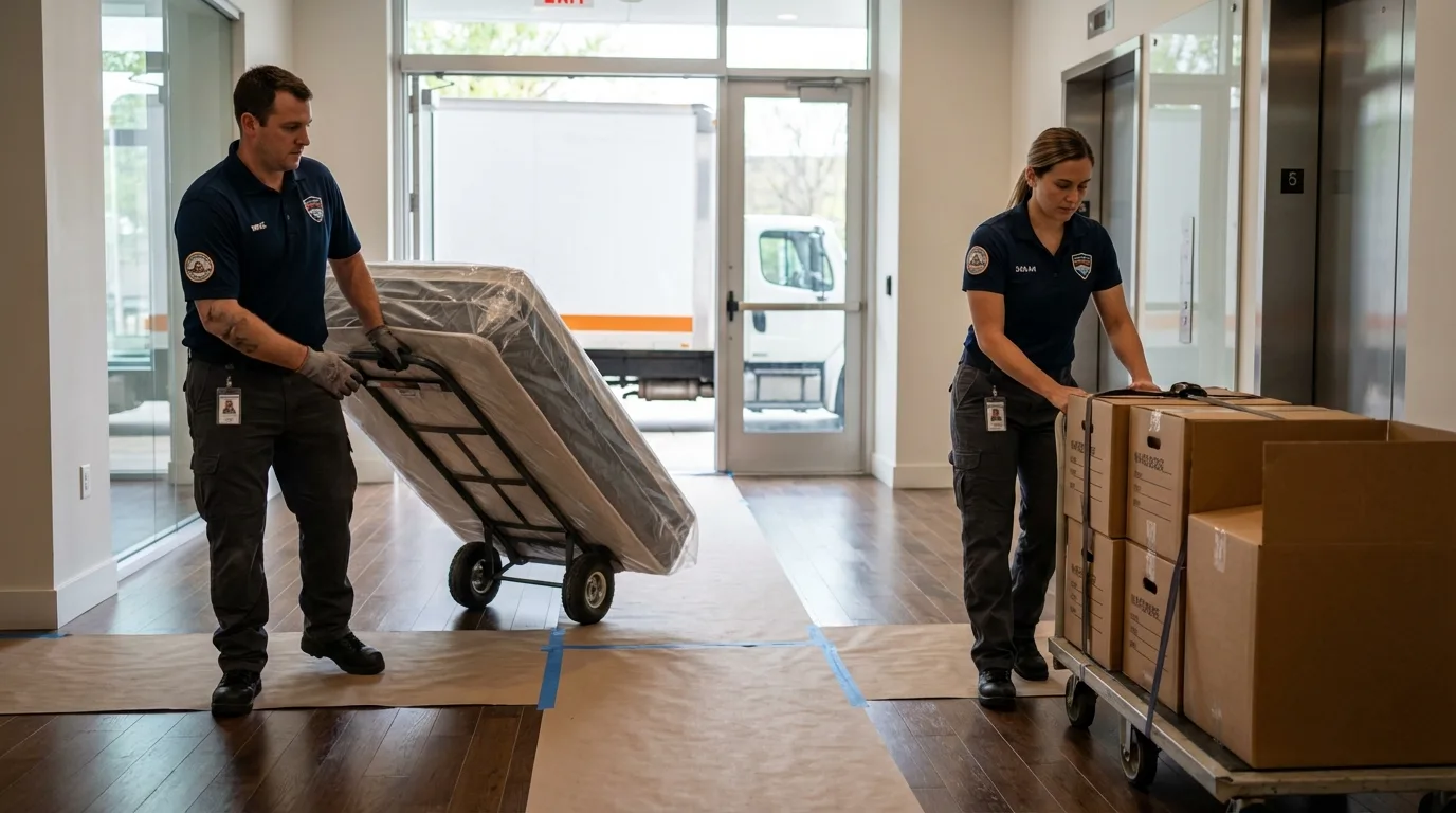 Professional apartment movers loading elevator in Aurora, MO