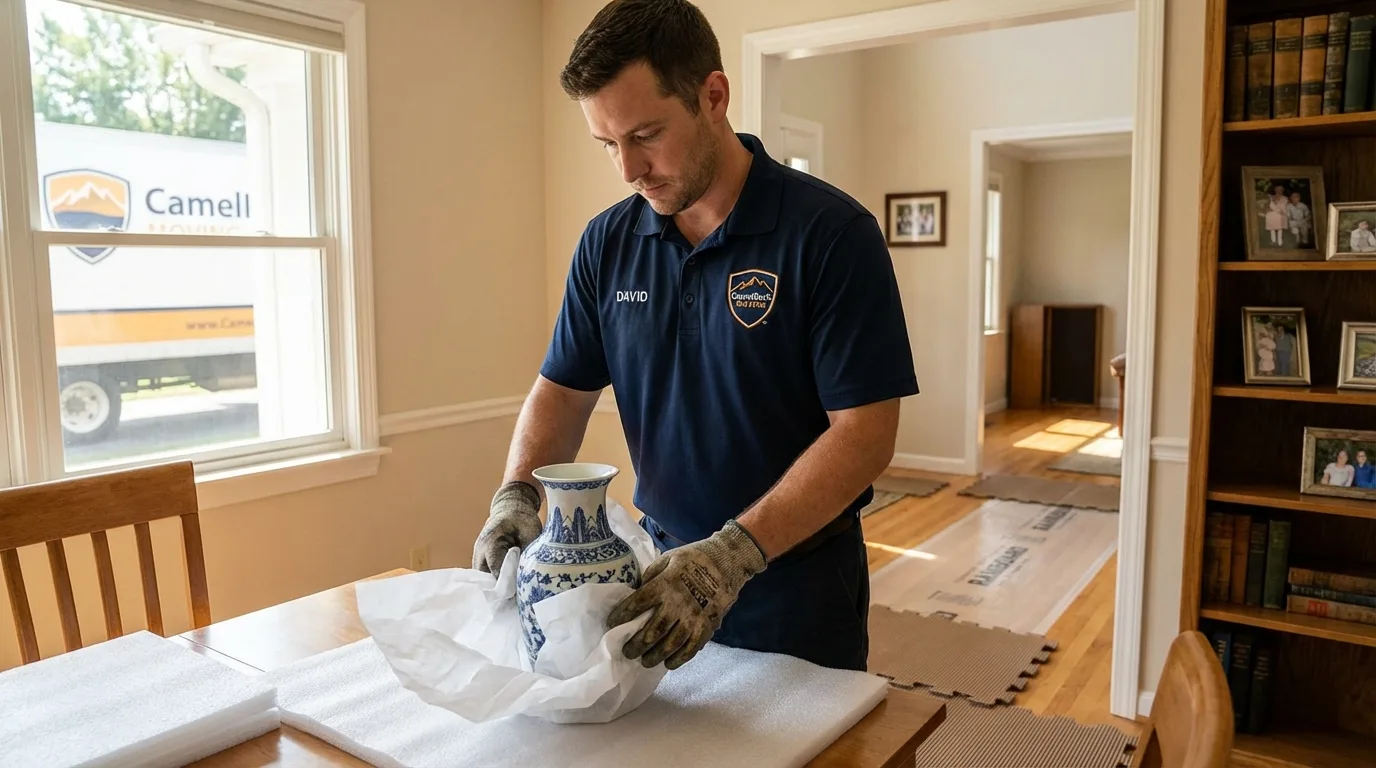 Professional crew carefully wrapping antique vase for senior downsizing move in Aurora, MO