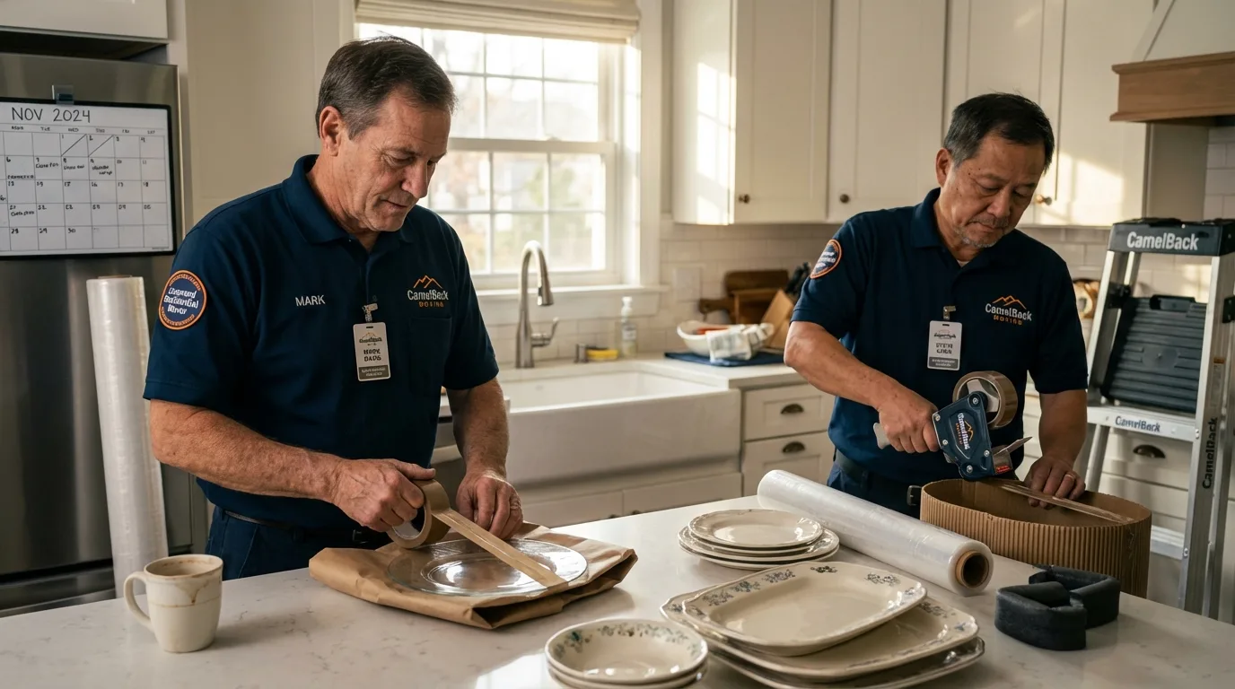 Professional crew packing kitchen dishware in Aurora, MO